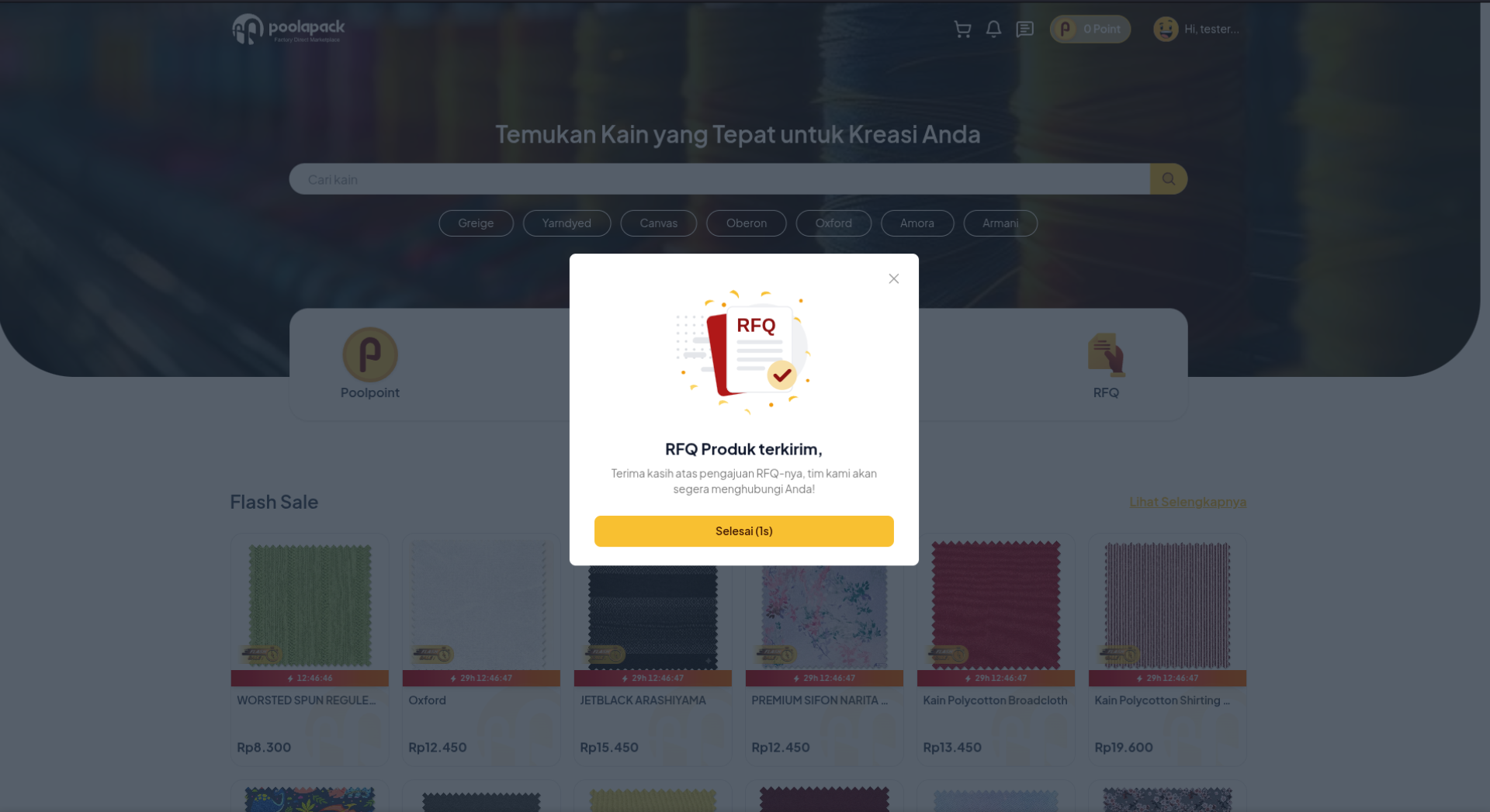 Pop-up modal konfirmasi RFQ Produk terkirim dengan tombol Selesai di website desktop Poolapack
