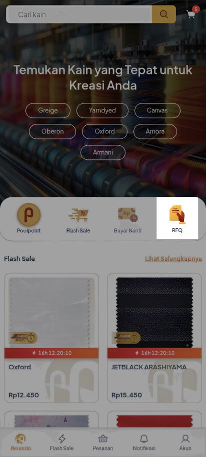 Tampilan beranda aplikasi mobile Poolapack dengan tombol menu cepat RFQ