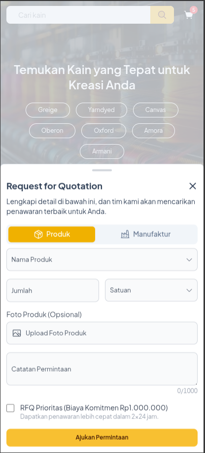 Formulir modal bottom sheet Request for Quotation di aplikasi mobile Poolapack