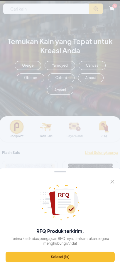 Tampilan pop-up modal konfirmasi RFQ Produk terkirim dengan tombol Selesai di aplikasi mobile Poolapack
