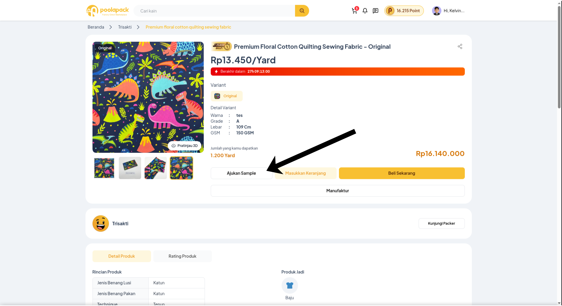 Halaman detail produk Desktop Web Poolapack dengan tombol Ajukan Sample