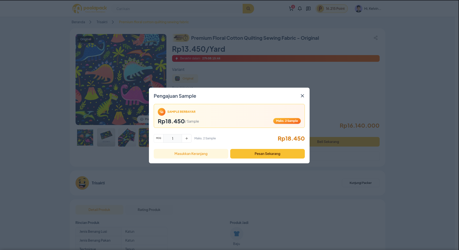 Panel Pengajuan Sample Desktop Web Poolapack dengan harga dan batas jumlah sample