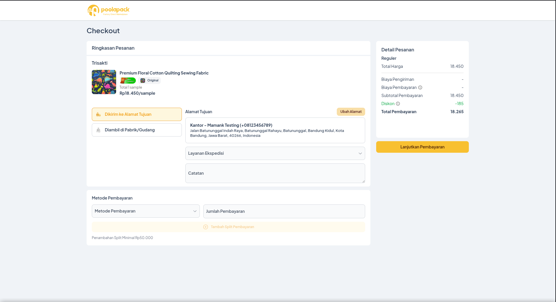 Halaman checkout Desktop Web Poolapack untuk pemesanan sample