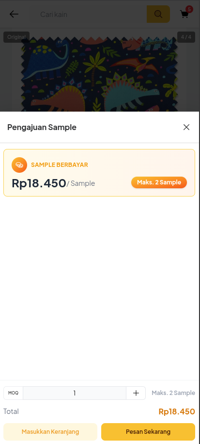 Panel Pengajuan Sample Mobile Web Poolapack yang menampilkan harga sample dan batas maksimum jumlah