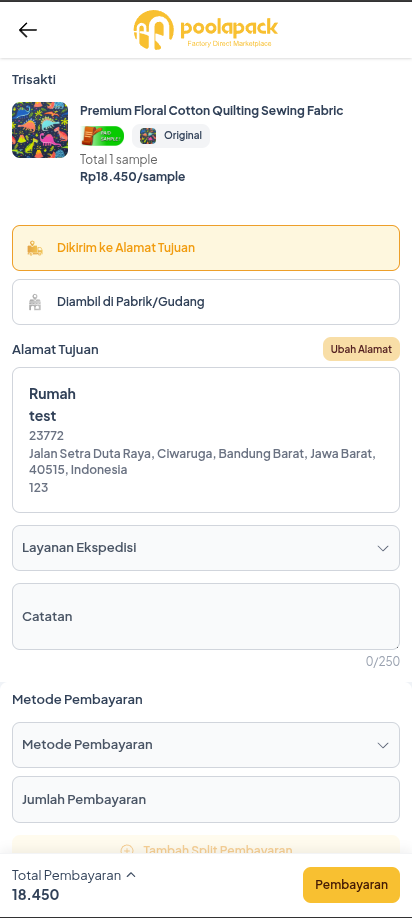 Halaman checkout Mobile Web Poolapack untuk pemesanan sample