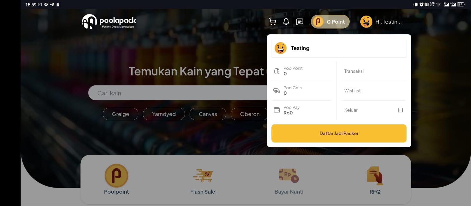 Menu dropdown profil di pojok kanan atas desktop dengan tombol Daftar Jadi Packer