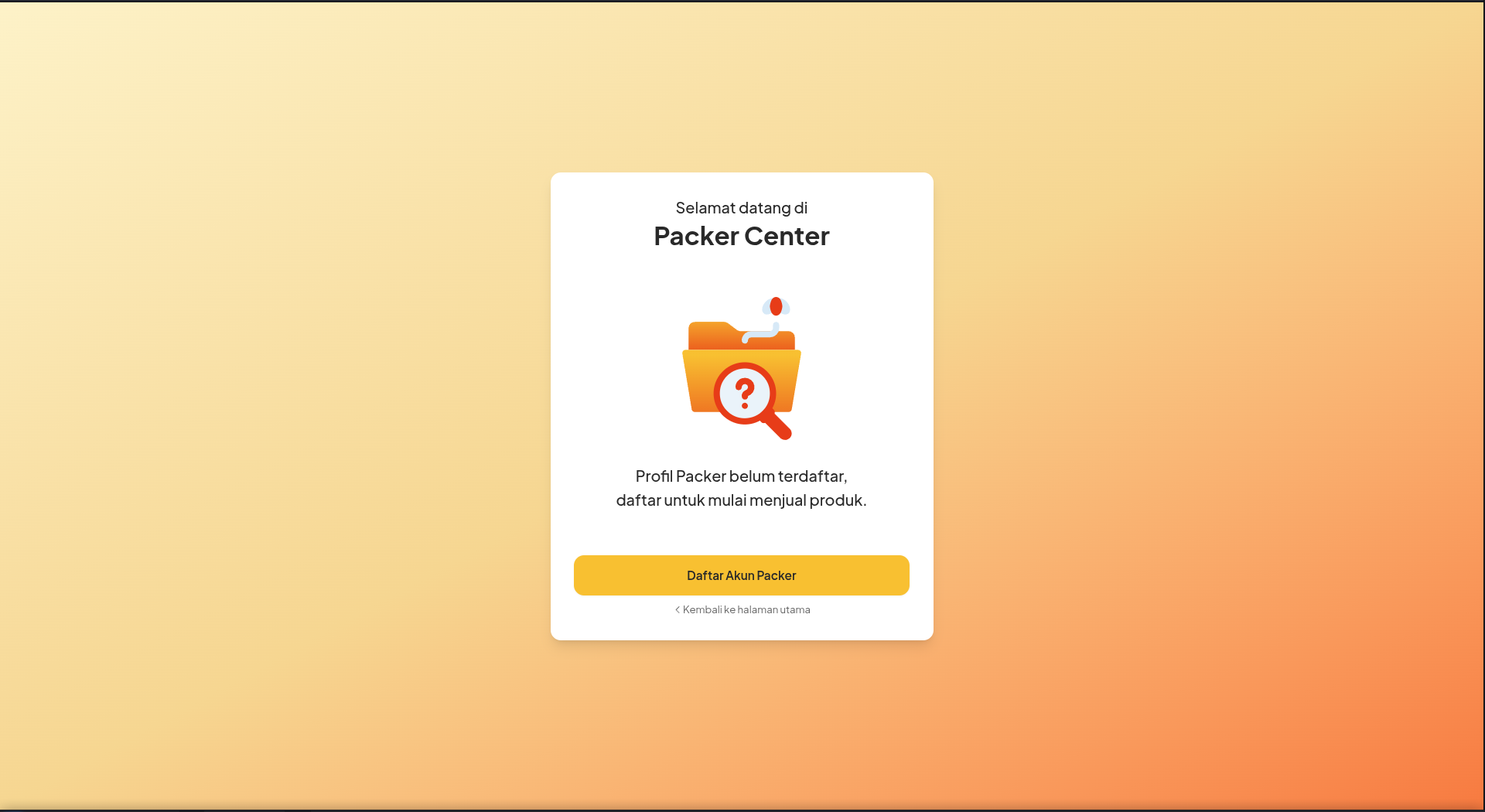 Halaman gerbang Packer Center dengan tombol Daftar Akun Packer dan link kembali di desktop