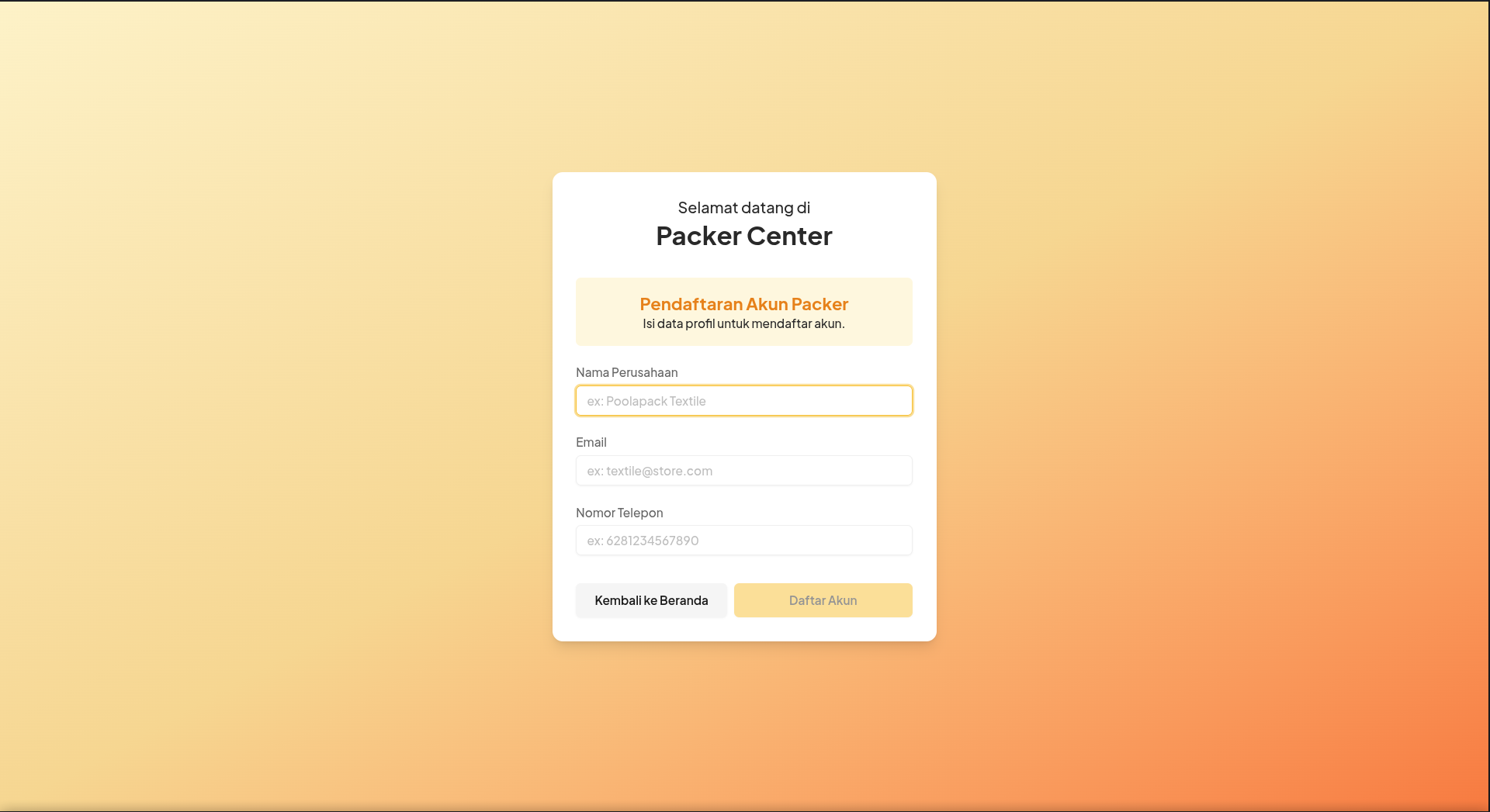 Formulir Pendaftaran Akun Packer di desktop dengan input data perusahaan, email bisnis, dan no telepon