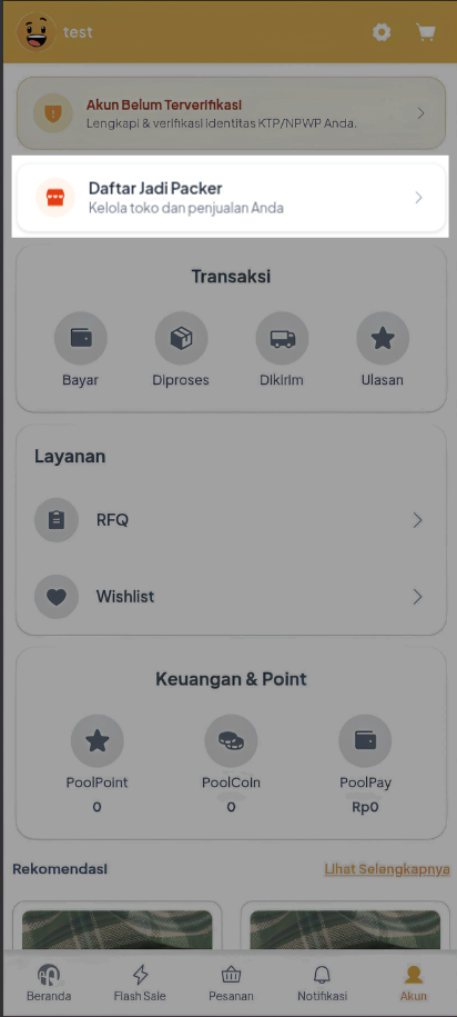Halaman Akun pada Mobile Web dengan tombol Daftar Jadi Packer