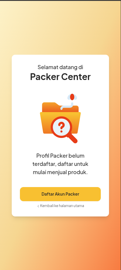 Halaman gerbang Packer Center dengan tombol Daftar Akun Packer dan link kembali di Mobile Web