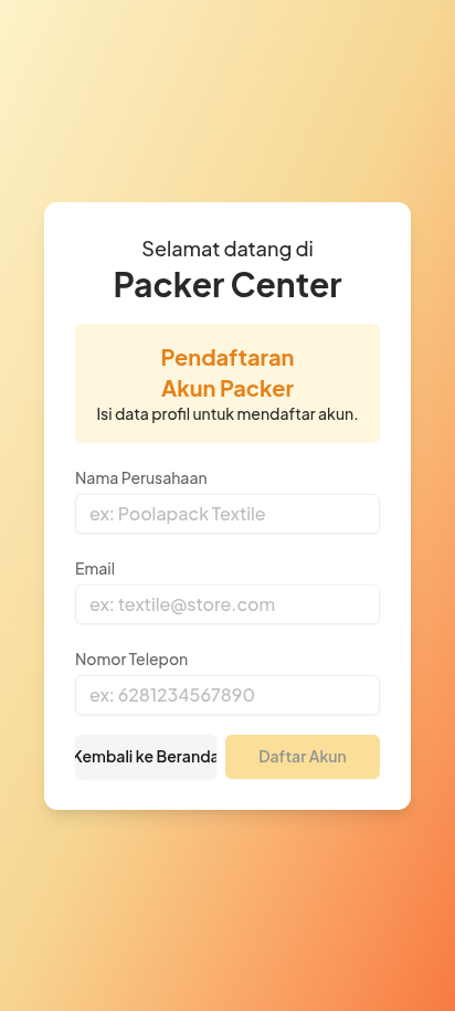 Formulir Pendaftaran Akun Packer dengan input nama perusahaan, email bisnis, dan nomor whatsapp di Mobile Web